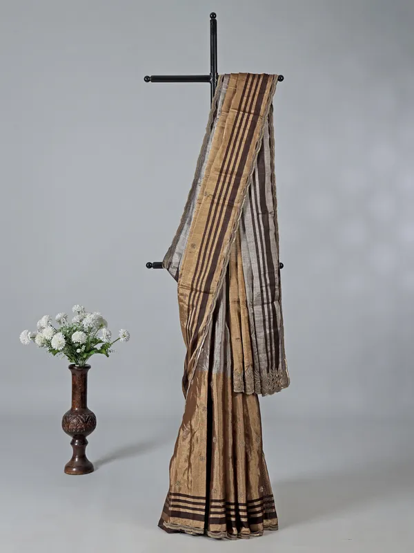 Gold and grey tissue silk saree for wedding