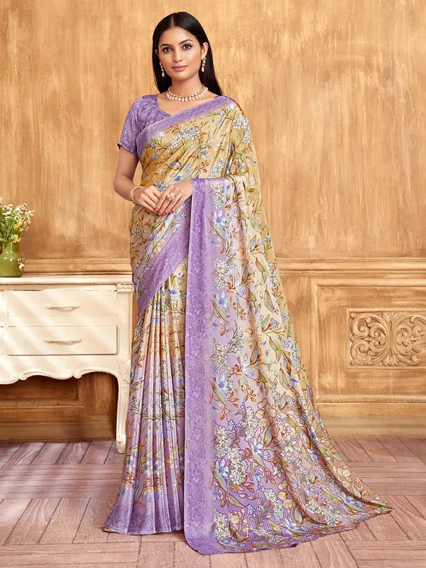 Gold crepe saree with purple border