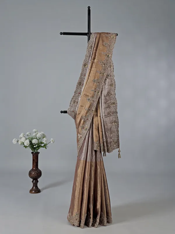Gold and purple silk diamond embellished saree