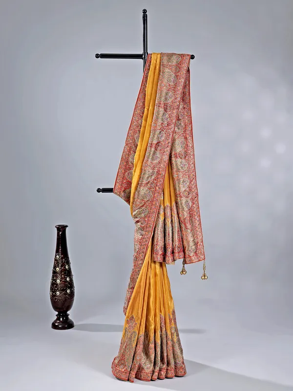 Gold pashmina silk saree for wedding glamour
