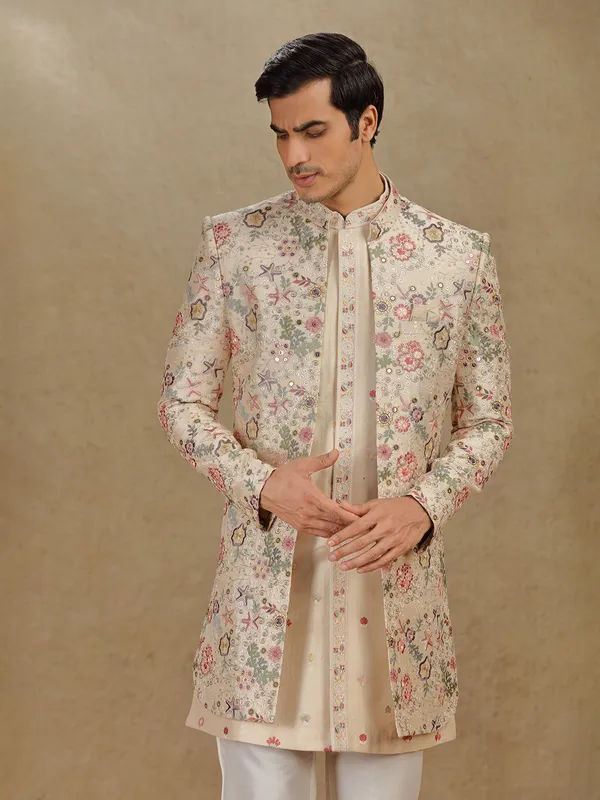 Gold raw silk indo western for wedding
