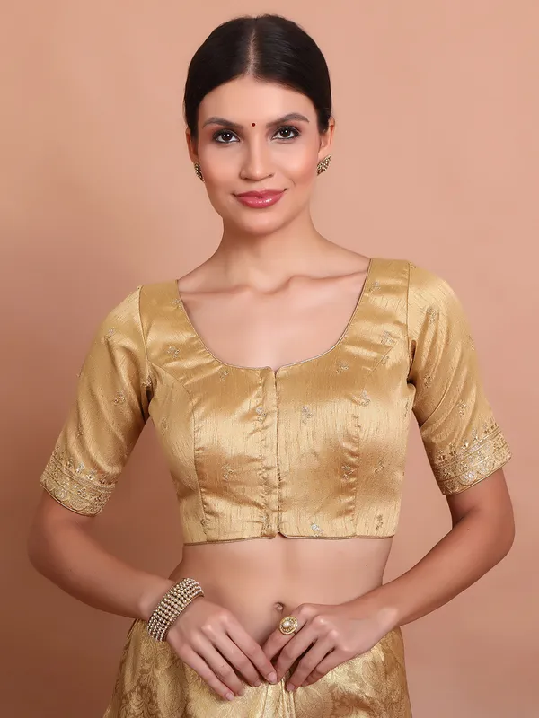 Gold silk round neck blouse with embroidered work