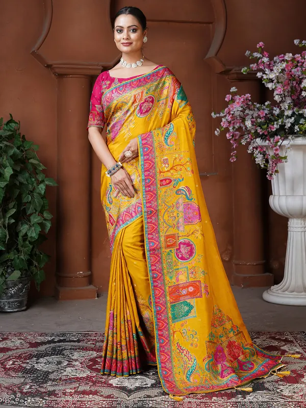 Gold yellow dola silk resham woven saree