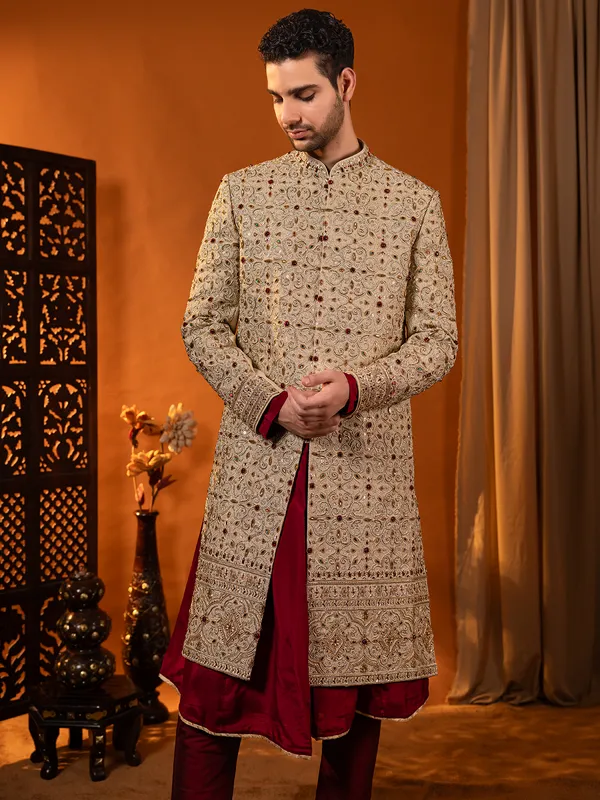 Golden and maroon silk sherwani for wedding for groom