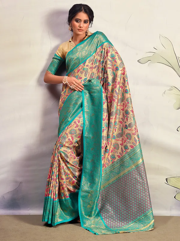 Golden and sky blue silk saree