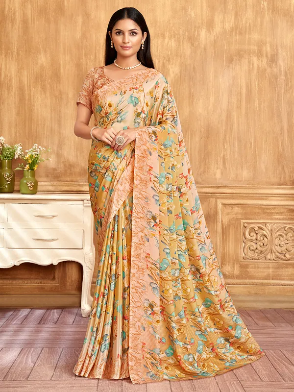 Golden crepe printed saree for casual