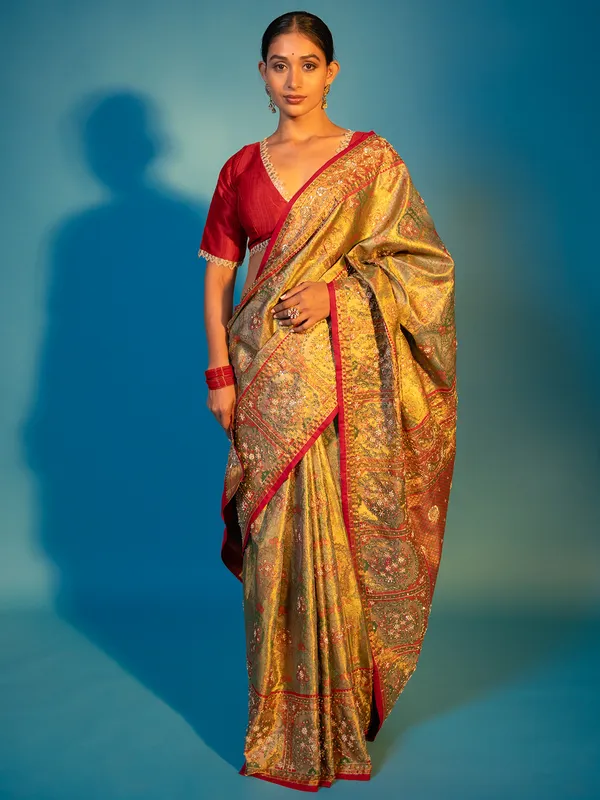 Golden green and red kanjivaram silk saree