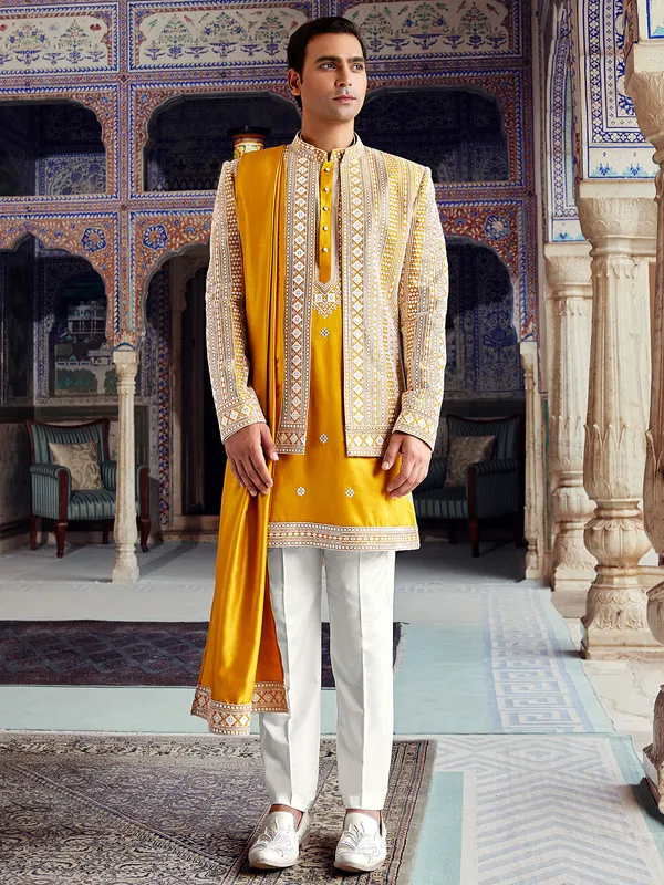 Golden yellow shining silk indo western for men