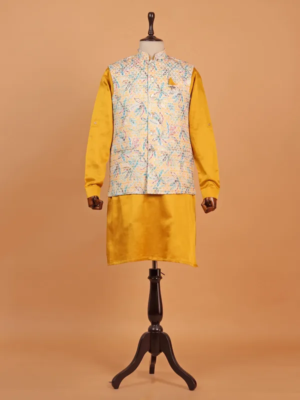 Golden yellow silk printed waistcoat set for men