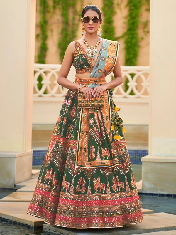 Gorgeous dark green lehenga choli in silk