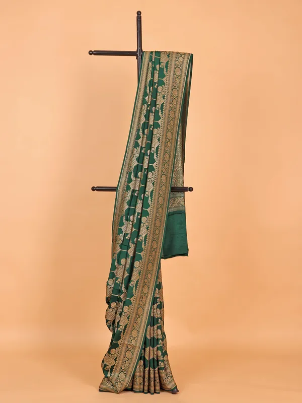 Gorgeous dark green silk sari with zari work