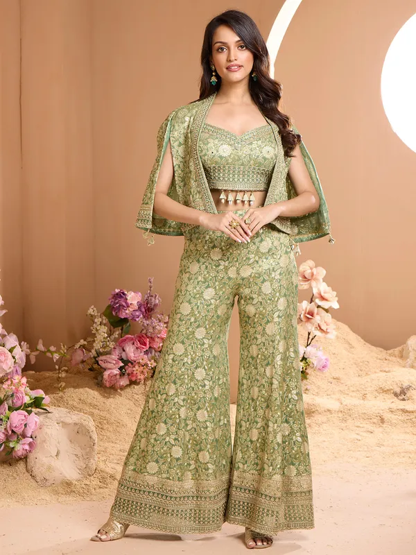 Gorgeous jacket style green silk palazzo suit
