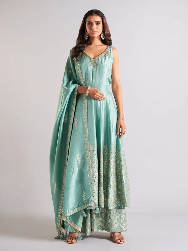 Gorgeous mint blue silk palazzo salwar suit