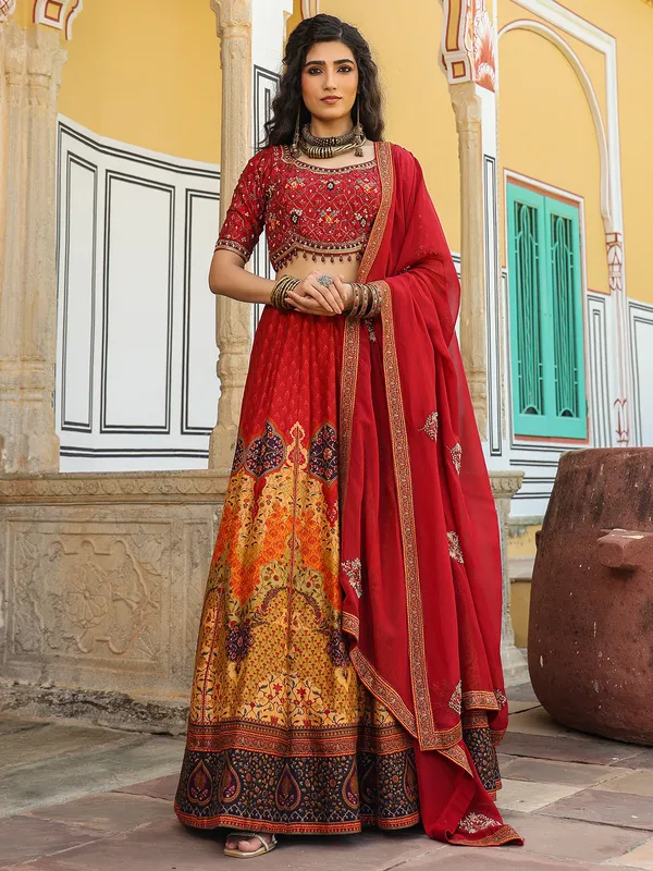 Gorgeous red and yellow printed lehenga choli in silk