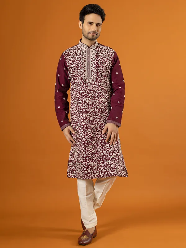 Gorgeous wine plain silk kurta suit