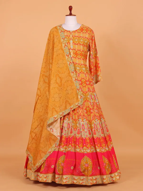 Gorgeous yellow cotton silk printed anarkali suit