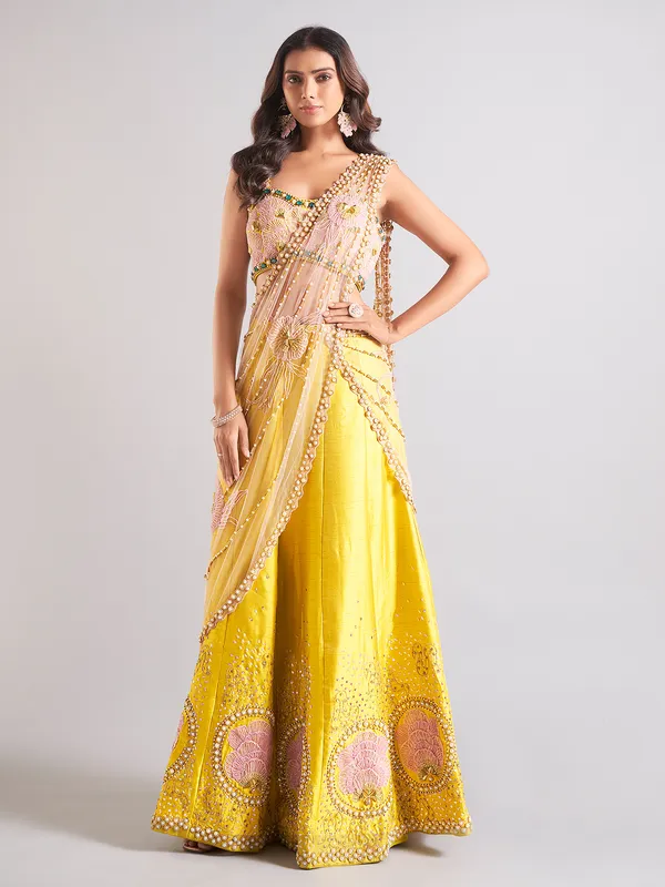 Gorgeous yellow raw silk palazzo suit