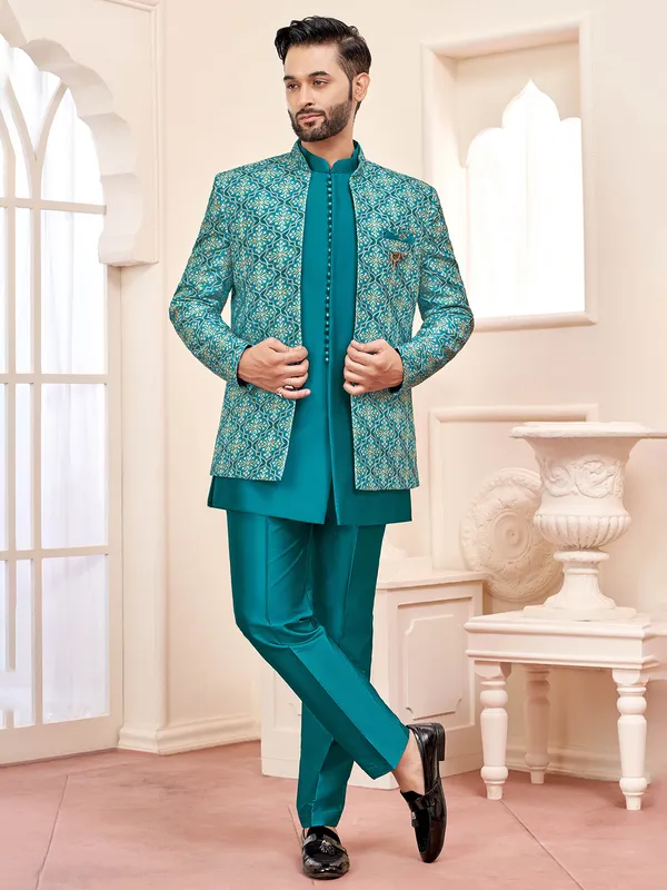 Graceful rama green indowestern for wedding splendor