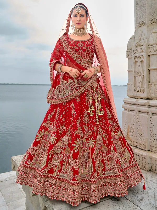 Graceful silk red unstitched lehenga choli for wedding