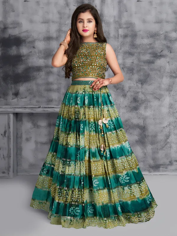 Green and blue printed wedding lehenga choli in georgette