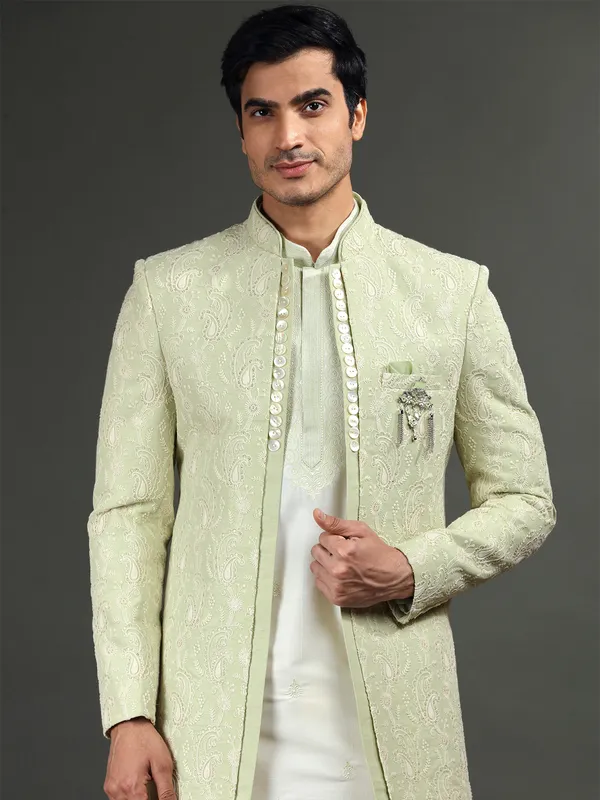 Green and cream indowestern in silk