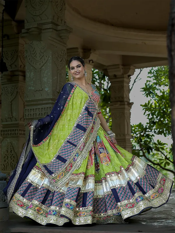 Green and navy navratri special silk lehenga choli