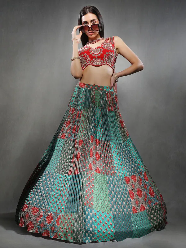 Green printed lehenga choli with dupatta