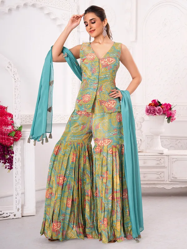 Green and sky blue printed silk sharara suit