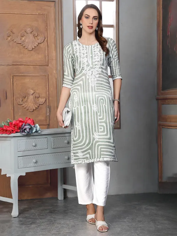 Green and white cotton silk kurti set