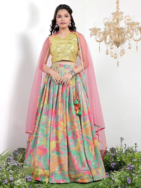 Green and yellow printed lehenga choli