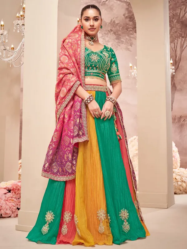 Green and yellow unstitched lehenga choli