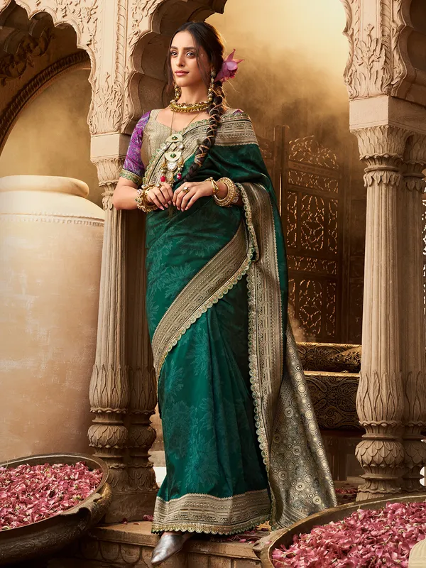 Green banarasi silk saree with zari border