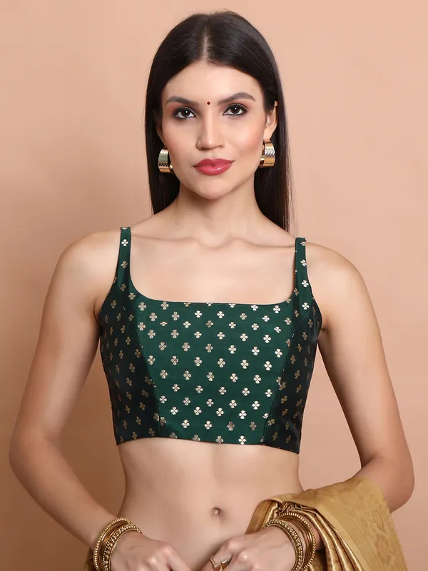 Green brocade round neck zari weaving blouse