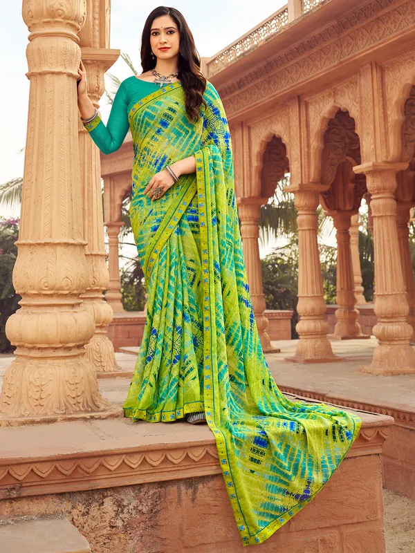 Green chiffon saree with print