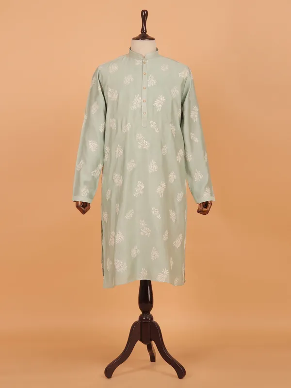 Green cotton kurta suit with patched embroidery