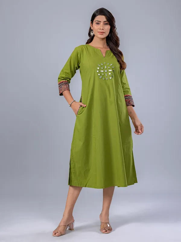 Green cotton kurti with mirror work