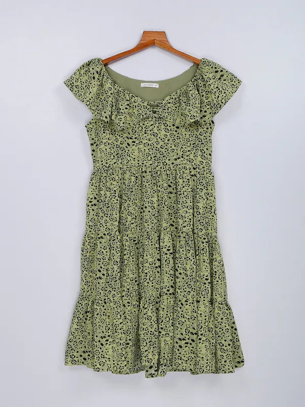 Green cotton printed mini dress