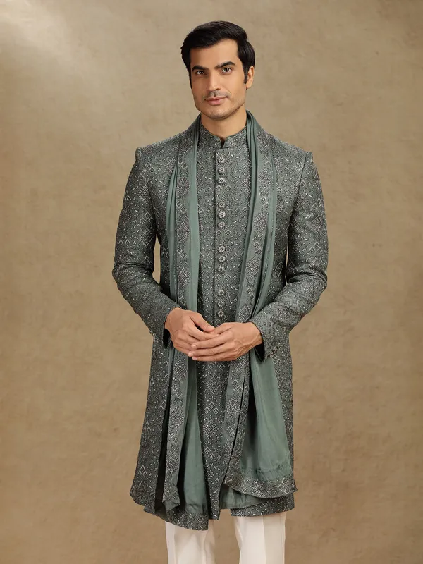 Green cotton silk indo western with dupatta