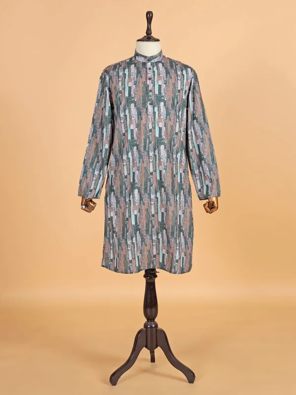 Green cotton silk kurta suit with print for men