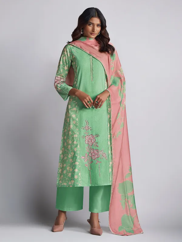 Green cotton silk printed salwar suit for women