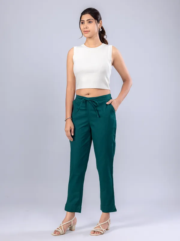 Green cotton women pant for casual