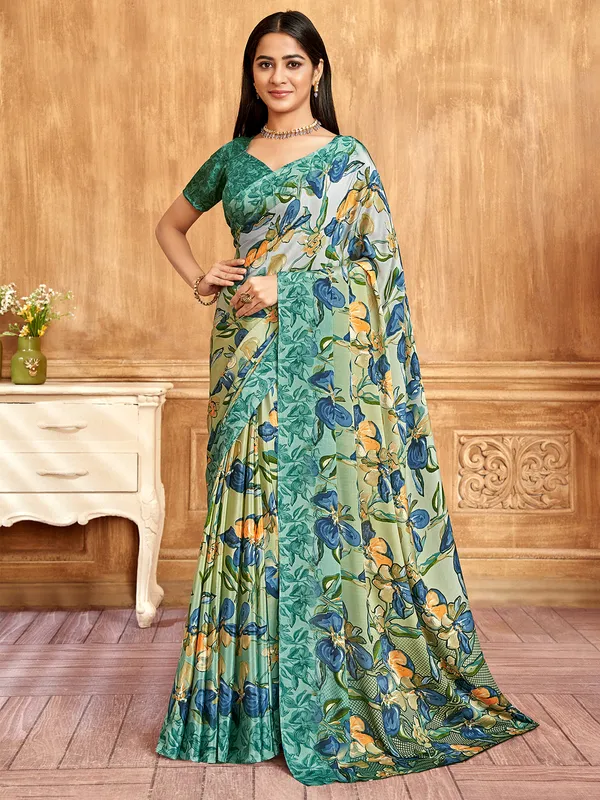 Green crepe printed saree for casual wear
