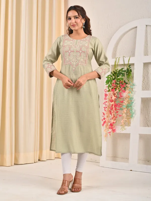 Green embroidered silk casual kurti
