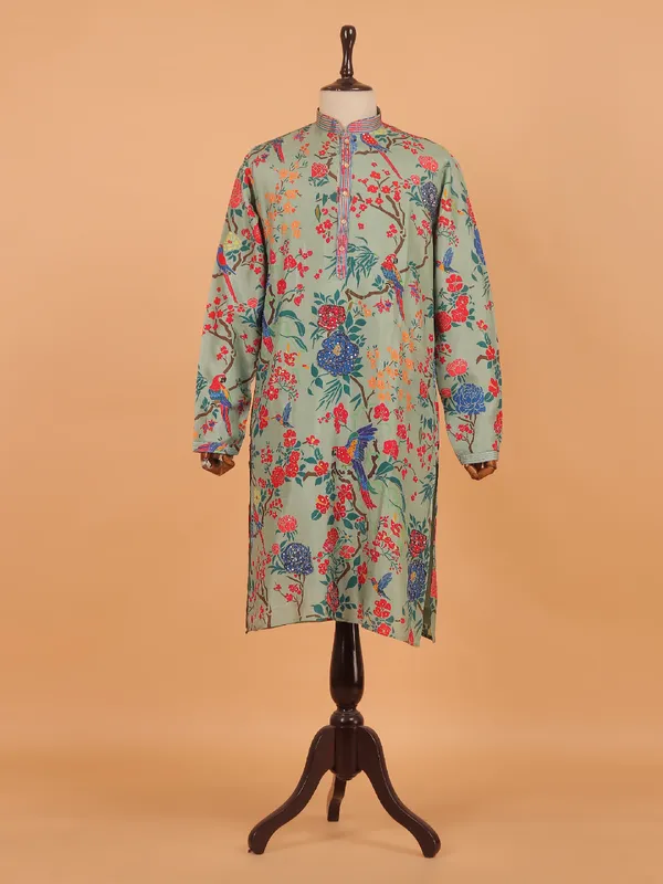 Green festive printed kurta set for men
