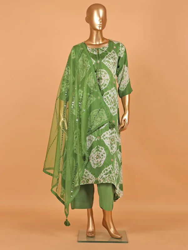 Green festive printed silk salwar suit