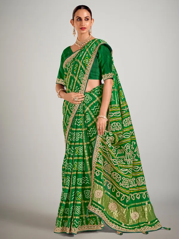 Green gajji silk bandhej printed saree