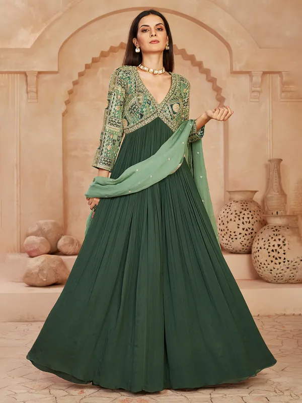 Green georgette anarkali suit with regal embellishments