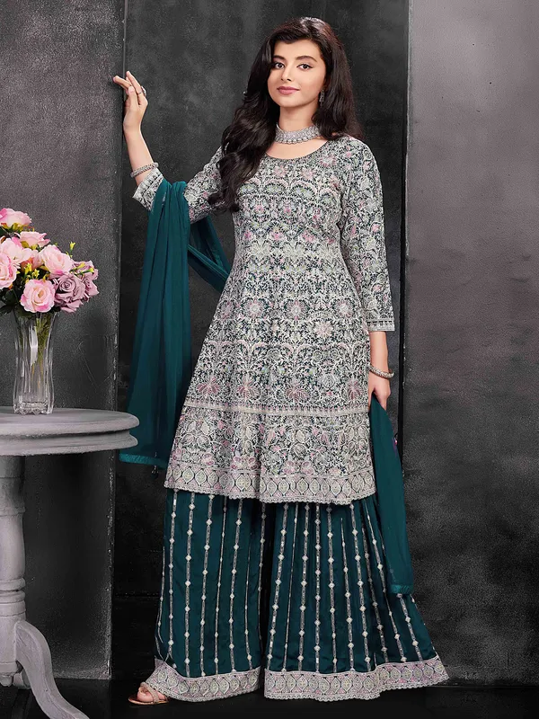 Green georgette embroidered palazzo suit for festive