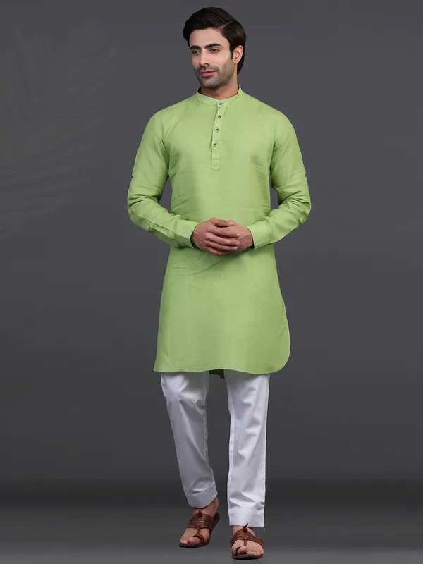 Green linen  Men Kurta pajama for festive wear