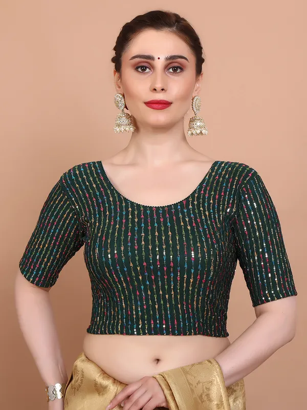Green lycra embroidered strechable ready made blouse
